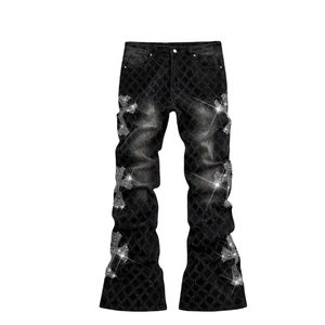 Vaqueros anchos Y2K personalizados para mujer con parches cruzados, apliques de diamantes de imitación brillantes, cintura alta, pantalones vaqueros holgados, estilo urbano, pantalones sueltos - Product Image 6