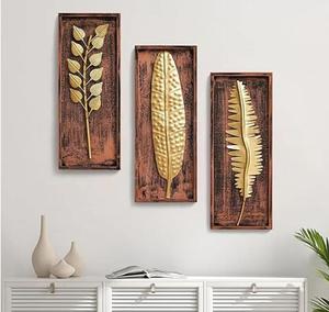 Gold Plated Foliage <b>Wall</b> Art Set Wooden Frame Rustic Handmade Metal <b>Decor</b> for Home Decoration Rectangle Multi-piece Package - Product Image 6