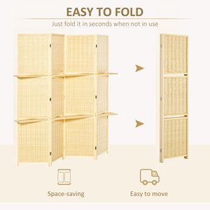 Paravent en bambou artisanal à 4 panneaux, cloison pliante de 6 pieds avec 2 étagères de présentation pour chambre à coucher, bureau, style naturel - Product Image 5