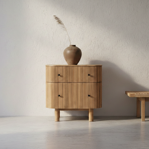 Mesa de Noche Moderna de Madera de Teca Maciza con Dos Cajones en Colores Naturales para Dormitorio y Sala de Estar, Ideal para Proyectos Residenciales o Hoteleros - Product Image 2