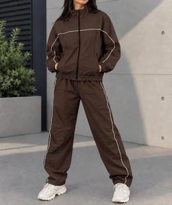 Custom <b>Woman</b> Nylon Winter Washed Solid Tracksuit Set Midweight Contrast Piping Windbreaker Zip Jacket Pant 2 Piece <b>Sweatsuit</b> - Product Image 4