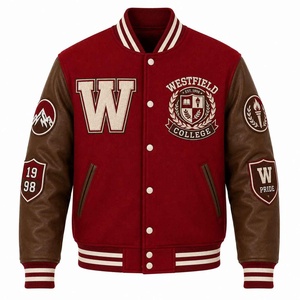 Westfield College Varsity Jacke für Herren, Rot, Wollstoff mit Lederärmeln, Besticktes Patch-Design, Preppy-Stil, Umlegekragen, Herbst - Product Image 1