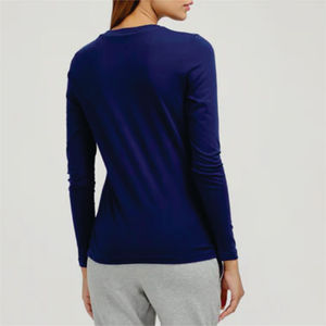 T-shirt pour femme à col en V, manches longues, couleur unie, respirant, non tissé, coupe classique, vêtement décontracté, bleu, 100% coton biologique, respectueux de l'environnement - Product Image 4
