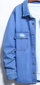Veste en jean pour homme, classique, boutonnée, bleu uni, coton, décontractée, poches déchirées - Product Image 3