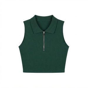 Custom Logo Embroidery Black Sleeveless Women's Summer Half Zipper Tank <b>Top</b> Slim Casual Silk/Cotton Breathable Polo Shirt Zip - Product Image 4