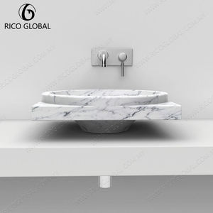 Lavabo de Mármol Redondo Pulido Blanco con Vetas Negras, Lavabo de Baño de Montaje Superior, Diseño Minimalista - Product Image 2