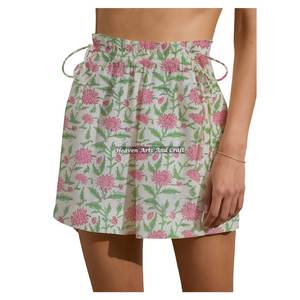 Shorts de Verano para Mujer con Cordón Ajustable y Estampado Indigo, Pantalones Cortos de Playa para Chicas con Estampado de Bloques de Algodón - Product Image 1