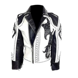 Premium White Genuine Leather Men <b>Rhinestone</b> Fringe <b>Jacket</b> Studded Flame Style Moto Biker <b>Jacket</b> OEM Customization Available - Product Image 1