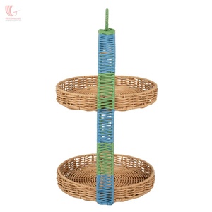Viettimecraft Bandeja de Almacenamiento de Ratán de 2 Niveles, Redonda, Estilo Bohemio, Pintada en Azul y Verde, Organizador de Cocina de Doble Nivel - Product Image 1