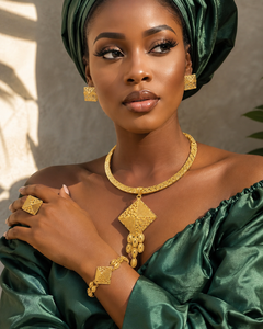 Ensemble de bijoux de luxe africain plaqué or, collier, boucles d'oreilles, bracelet et bague géométriques à la mode pour femmes - Product Image 3