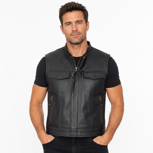 Premium <b>Men's</b> Motorcycle Genuine <b>Leather</b> <b>Vest</b> Biker Style Sleeveless Jacket Slim Fit Casual Waistcoat with Multi-Pockets Black - Product Image 1