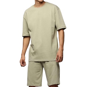 Ensemble de t-shirts pour hommes de haute qualité, couleur unie, col rond, manches courtes, en coton tricoté, tenue décontractée d'été, vêtements en deux pièces - Product Image 1