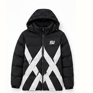 Chaqueta de Invierno Acolchada para Hombre con Capucha, Diseño Geométrico en Blanco y Negro, Resistente al Viento, Cuello Alto, Cierre de Cremallera, Estilo Deportivo - Product Image 1