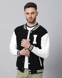 Blouson universitaire homme noir et blanc avec imprimé lettre I, en polaire, décontracté, coupe droite, col rabattu, simple boutonnage, pour l'automne - Product Image 2