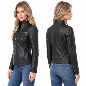 Chaqueta de cuero para mujer Regal Three LLC, estilo motociclista, cuello alto, informal, a la moda, con cremallera completa y bolsillos en el pecho. - Product Image 4