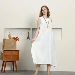 Elegant <b>White</b> Cotton Linen Midi <b>Dress</b> O-Neck Sleeveless Loose Fit With Pockets Casual <b>Summer</b> <b>Maxi</b> <b>Dress</b> - Product Image 5