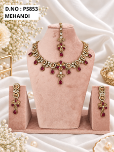 Pear Cut Stone Floral Pattern Necklace <b>Set</b> With Matching Earrings & Mang Tika Antique <b>Gold</b> Plated Fashion Jewelry <b>Set</b> Wholesaler - Product Image 2