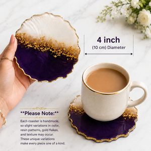 Posavasos de Resina Artística, Blanco y Morado con Destellos Dorados, Forma Cuadrada, Borde Dorado, Hecho a Mano, 8mm de Grosor, Posavasos Decorativo Premium - Product Image 3