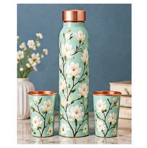 Asethetic Copper <b>Water</b> <b>Bottle</b> with <b>White</b> Flower Design Portable Travel Drinkware Set - Product Image 5