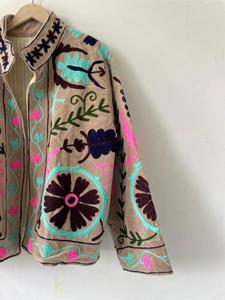 Vintage Beige <b>Velvet</b> Embroidered <b>Jacket</b> with Floral Pattern Full Sleeve Stand Collar Bohemian <b>Women's</b> Autumn Outerwear - Product Image 3