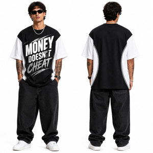 T-shirt Homme Oversize Noir et Blanc Contrastant à Manches Courtes Col Rond Imprimé Lettres Style Urbain Gaufré - Product Image 2