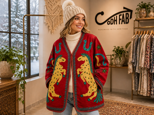 Red Sujani Jacket <b>Women</b> Horse Embroidery Handmade Bohemian <b>Coat</b> Ethnic Vintage Designer Outerwear Wholesale Clothing Supplier - Product Image 4
