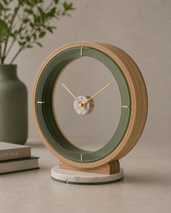 Minimalist Wooden Desk Clock with Green Acrylic Ring and Marble Base Silent Quartz Movement Circular Design - Product Image 1