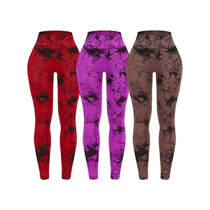 High Waist Printed <b>Leggings</b> <b>Women</b> Full Length Stretch Knitted Sporty Style <b>Red</b> Purple Brown Tie Dye Pattern - Product Image 1