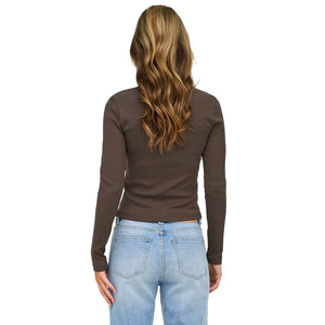 Camiseta de Punto para Mujer, Color Borgoña, Manga Larga, Cuello Redondo, Ajustada, de Algodón y Elastano, Estilo Casual - Product Image 6