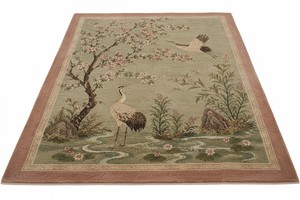 Alfombra de Lana Pura Anudada a Mano de Lujo, Diseño Tradicional Chinoiserie con Patrón de Grullas, Color Verde Salvia, Alfombra Oriental Floral Hecha a Mano Personalizada - Product Image 3
