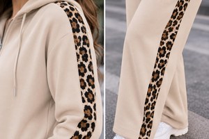 Conjunto de chándal 2 en 1 para mujer, beige con estampado de leopardo y adornos de pedrería, sudadera con capucha de manga larga y media cremallera, pantalones holgados con cordón, informal, para otoño. - Product Image 3