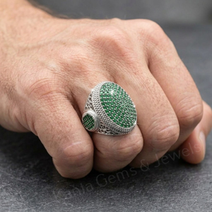 Luxury Men's 925 Sterling <b>Silver</b> Cocktail Ring With Green Cubic Zirconia Pave Setting Oval Shape Everyday Wear Gift For Him - Product Image 4