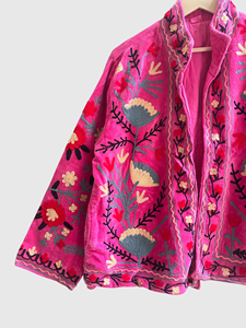 Veste en velours brodée de fleurs roses, col mandarin, manches longues, grande taille, vêtements d'automne pour femmes - Product Image 5
