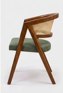 Fauteuil de salle à manger de luxe en bois massif avec coussin en tissu et dossier en rotin naturel pour la maison - Product Image 5