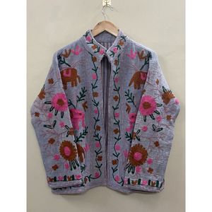 Veste d'hiver en coton brodée de fleurs pour femmes, col mandarin, manches longues, devant ouvert, design fait main - Product Image 6