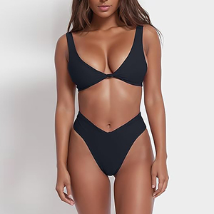 Ensemble de bikini string pour femme, uni, col en V, avec nœud sur le devant et coupe échancrée, 1 maillot de bain, logo personnalisé, culotte menstruelle anti-fuite et antibactérienne - Product Image 2