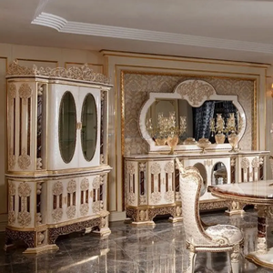 Ensemble de table à manger en bois d'acajou de style classique européen élégant, meubles de salle à manger de luxe sculptés à la main en or ivoire avec buffet - Product Image 3