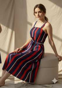 เดรสทรงเอไลน์พิมพ์ลาย สายเดี่ยวเรียบง่ายทันสมัยสำหรับผู้หญิง ผ้าโพลีเอสเตอร์ 100% สวมใส่สบาย ระบายอากาศได้ดี แต่งกระดุม - Product Image 2