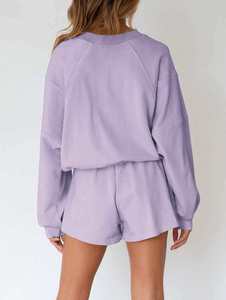 Hot Sale Women's Two Piece Sweatshirt Shorts <b>Set</b> Crew Neck Long Sleeve Loose Fit Casual Wear Solid Color Comfortable Outfit - Product Image 2
