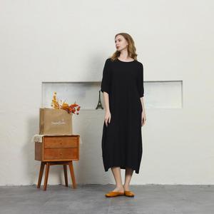 Robe maxi en coton et lin noir de qualité supérieure, col rond, coupe ample, manches 3/4, tenue décontractée d'été pour tous les jours - Product Image 3