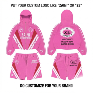 ชุดเซ็ตเสื้อแจ็คเก็ตกันลมและกางเกงขาสั้น ZAINI 120 GSM ผลิตจากผ้าโพลีเอสเตอร์คุณภาพพรีเมียม สำหรับผู้ชาย ฤดูหนาว แห้งเร็ว รับสกรีนโลโก้ ชุดกีฬาสีพื้น - Product Image 1