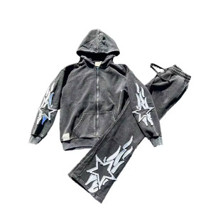 <b>Men</b>’s Distressed Embroidery Tracksuit <b>Zip</b> Up <b>Hoodie</b> Cargo Pants Heavyweight Cotton Vintage Streetwear Fashion Two Piece Set - Product Image 1