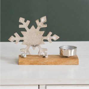 Modern Christmas Snowflake <b>Tealight</b> Candle Holder Wooden Base Metal Holiday Table Decor Stand Set - Product Image 5