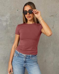 T-shirt en jersey de coton pour femme, col rond, manches courtes, coupe ajustée, couleur unie bordeaux, respirant, toutes saisons - Product Image 4