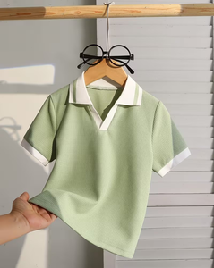 Green Compressed Waffle Knit Jersey Breathable Eco-Friendly Short Sleeve Polo Shirt for Boys Casual Solid Color Collar Design - Product Image 1