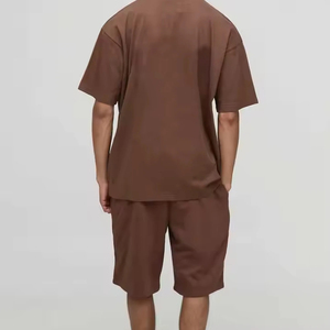 Men's Solid Brown Crew Neck T-Shirt <b>Set</b> Casual <b>Knitted</b> Summer Shorts 2-Piece Outfit - Product Image 2