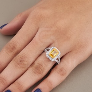 Emerald Cut Yellow Moissanite Halo 18K Gold Ring Featuring Elegant Shimmering Stones Stunning Luxury Engagement Wedding <b>Gift</b> - Product Image 1