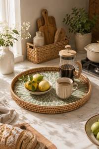 Plateau décoratif en rotin tissé à la main avec incrustation de mosaïque en nacre, centre de table rond pour salle à manger et cuisine - Product Image 3