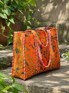 VEER HANDIRCRAFTS Orange Floral <b>Quilted</b> <b>Velvet</b> Tote Bag Vintage Style Open Top Shopping Bag with Chains All Seasons Use Travel - Product Image 2
