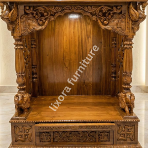 Templo de Madera Sólida Hecho a Mano de Lujo con Tallado Ornamental de Pavo Real y Elefante, Acabado Premium - Product Image 2